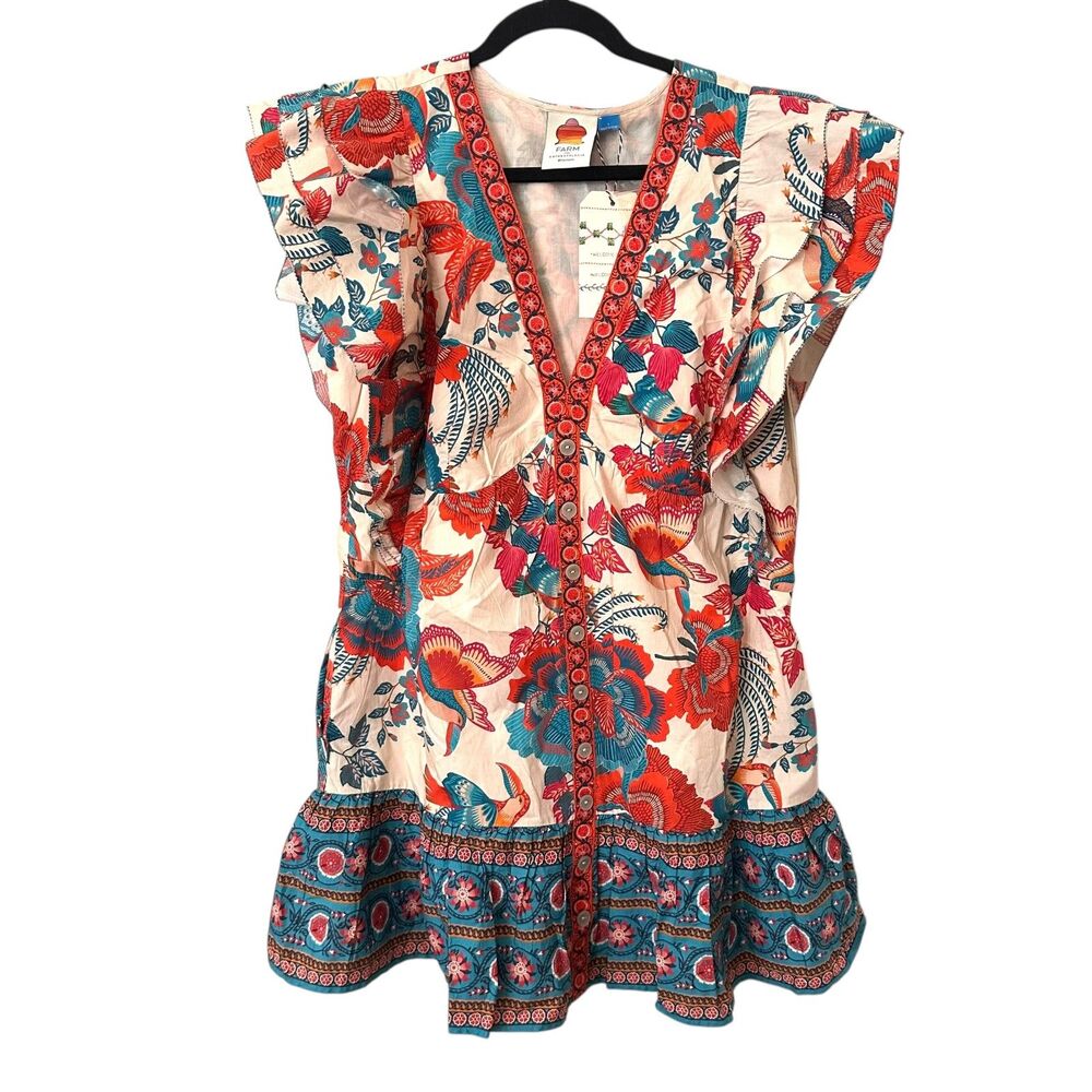 NEW NWT FARM RIO X ANTHROPOLOGIE Ruffled Tropical Mini‎ Dress Large - Picture 2 of 5